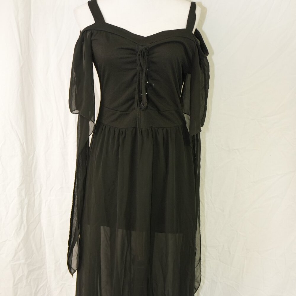 Sheer Overlay Peekaboo Cold Shoulder Mini Dress Party Punk Black Dress Lace Up